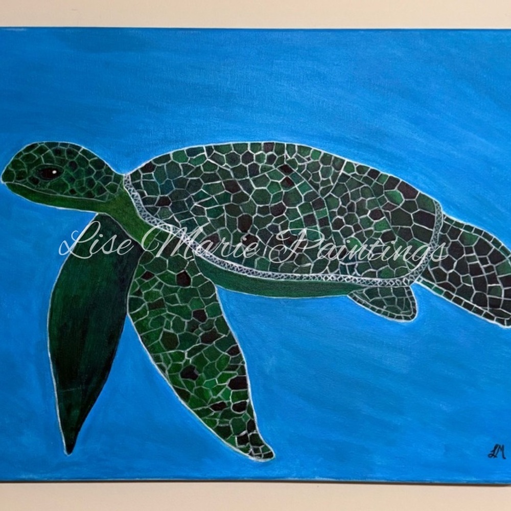 Blue and Green Mosaic Sea Turtle Acrylic Painting Original by Artist